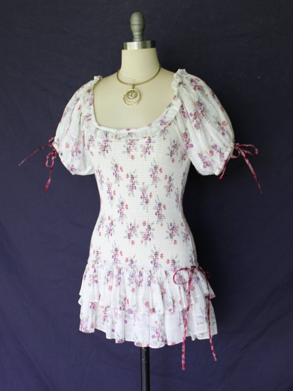 LoveShackFancy X AERIN Violet Smocked floral Puff Sleeve ruffle Mini tunic Dress - Picture 4 of 12